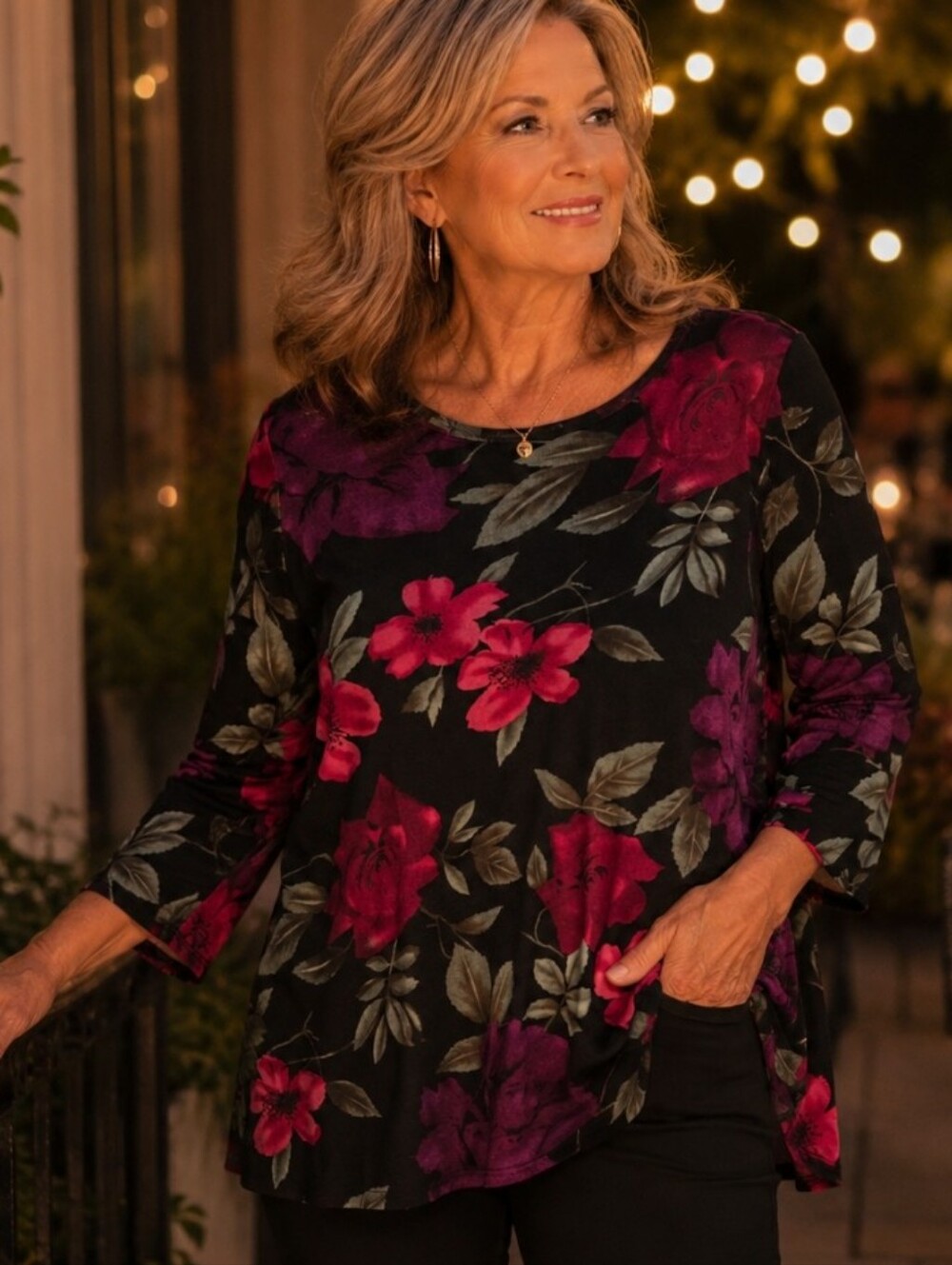 George Woman Floral Swing Tunic Top 18W 20W Black Red Roses 3/4 Sleeve Plus Size